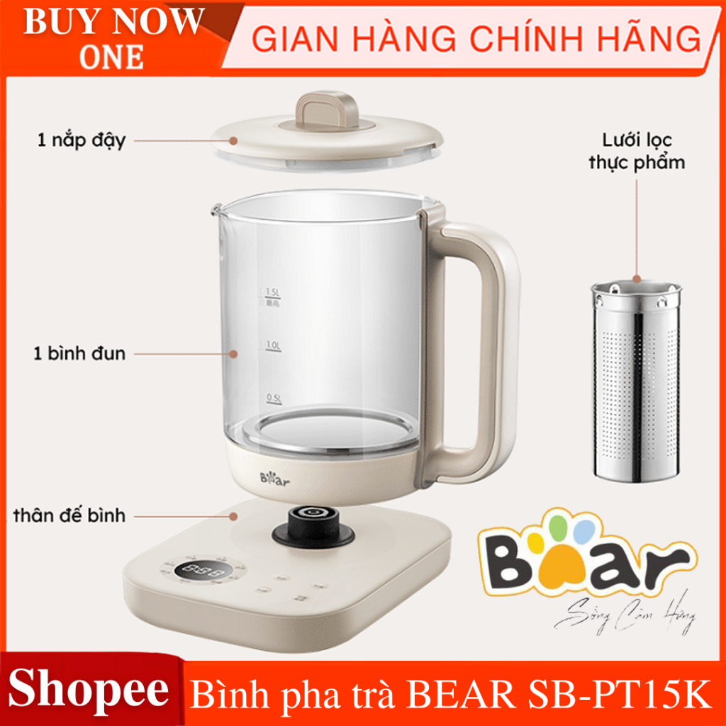 Bình pha trà BEAR SB-PT15K, công suất 1000W, dung tích 1.5L,  đun nước giữ nhiệt hẹn giờ, tặng kèm lưới lọc inox