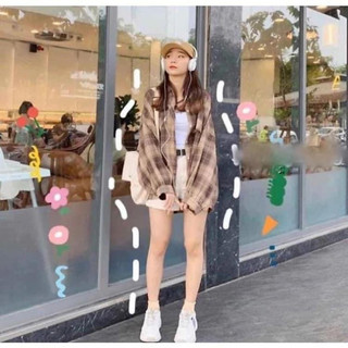 Sơ mi kẻ dáng rộng cho nữ