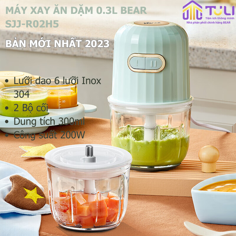 Máy Xay Ăn Dặm Mini Cho Bé Đa Năng 2 Cối Bear 0.3L SJJ-R02H5, 200W, Xay Tỏi Ớt Thịt Cá Tôm Rau Củ Quả, BH 12 tháng