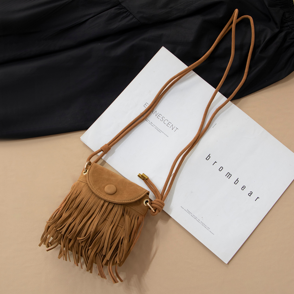 Túi tua rua da bò mini đeo chéo CÓ ẢNH THẬT phong cách bohemian thời trang du lịch ulzzang