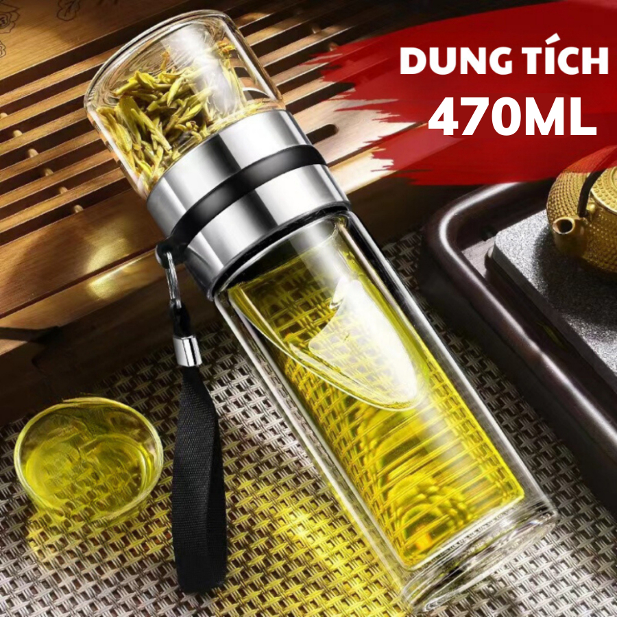 Bình pha trà thuỷ tinh 2 lớp cách nhiệt - có lõi lọc inox 304 - có quai xách tiện lợi