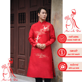 Áo dài cách tân nam đỏ thêu BẠCH HẠC vải tuyết mưa cao cấp {50-105kg}- Mai Áo Dài