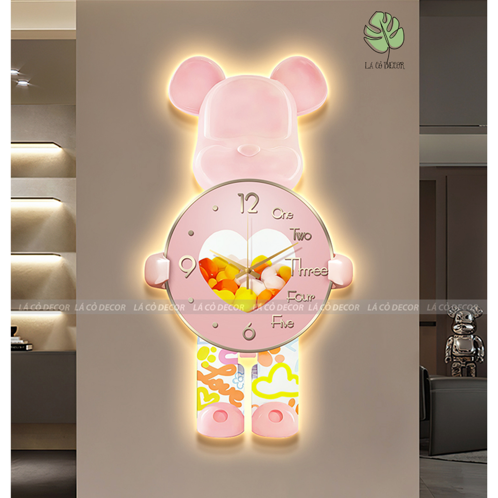 Tranh đồng hồ đèn Led Gấu Bearbrick hiện đại trang trí phòng khách