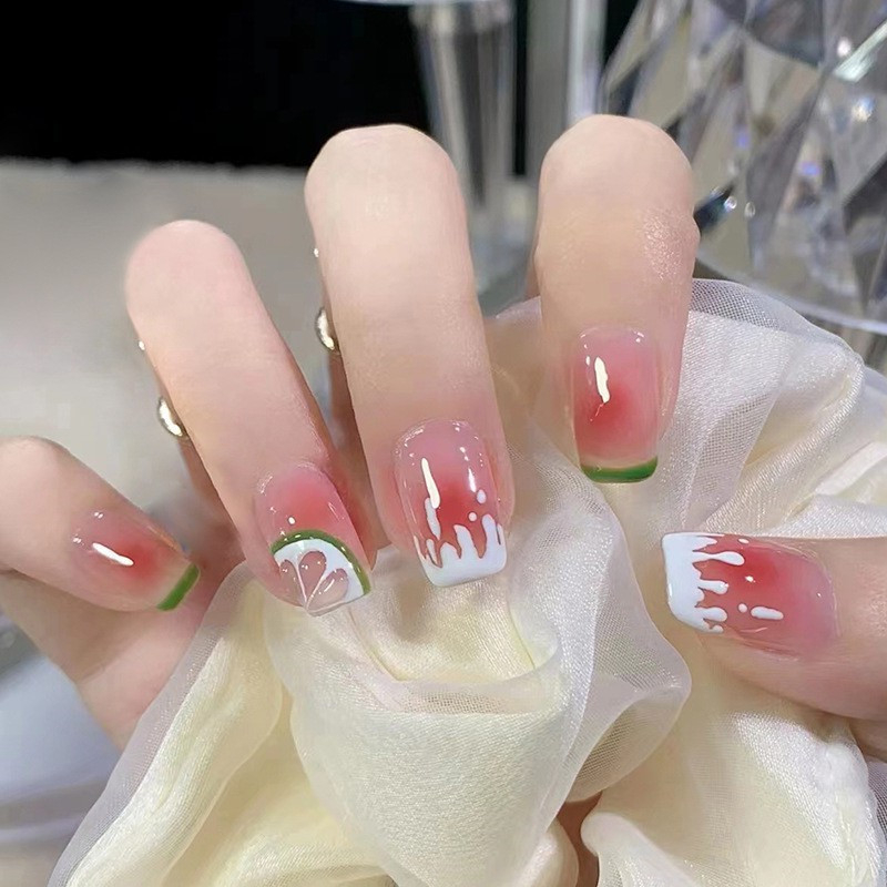 Bộ 24 móng tay giả ngắn vuông đơn giản đi học, đi làm,  Nail box, Nail xinh, Móng tay giả đẹp dễ thương