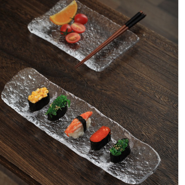 Đĩa maki thủy tinh pha lê sương mờ đựng sushi dài cỡ lớn kiểu Nhật