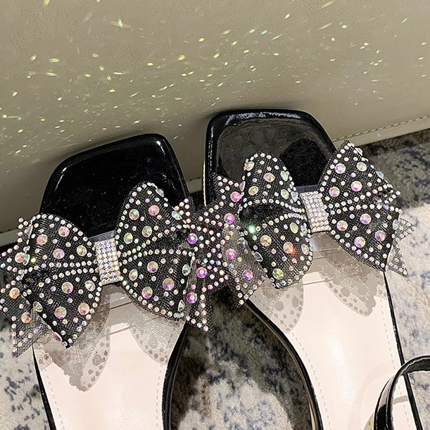 Giày sandal nữ cao gót vuông trong 5p quai kết nơ lưới đính đá màu - SD105