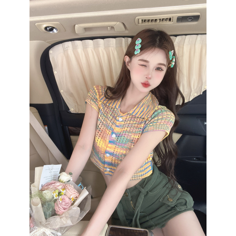 Áo polo dáng croptop màu cầu vồng siêu hot thiết kế phong cách retro, Áo kiểu phong cách trẻ trung Polo02