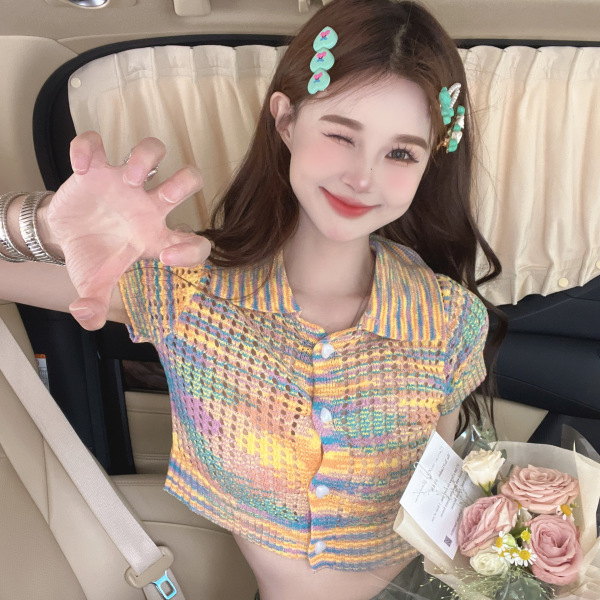 Áo polo dáng croptop màu cầu vồng siêu hot thiết kế phong cách retro, Áo kiểu phong cách trẻ trung Polo02