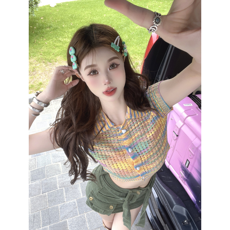 Áo polo dáng croptop màu cầu vồng siêu hot thiết kế phong cách retro, Áo kiểu phong cách trẻ trung Polo02