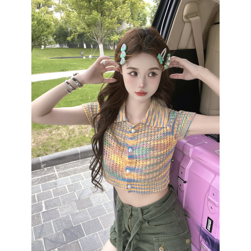 Áo polo dáng croptop màu cầu vồng siêu hot thiết kế phong cách retro, Áo kiểu phong cách trẻ trung Polo02