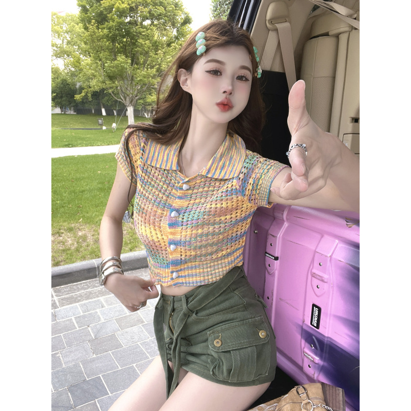 Áo polo dáng croptop màu cầu vồng siêu hot thiết kế phong cách retro, Áo kiểu phong cách trẻ trung Polo02