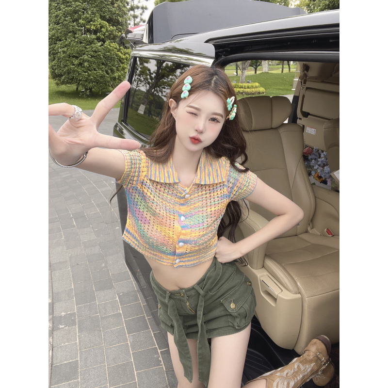Áo polo dáng croptop màu cầu vồng siêu hot thiết kế phong cách retro, Áo kiểu phong cách trẻ trung Polo02