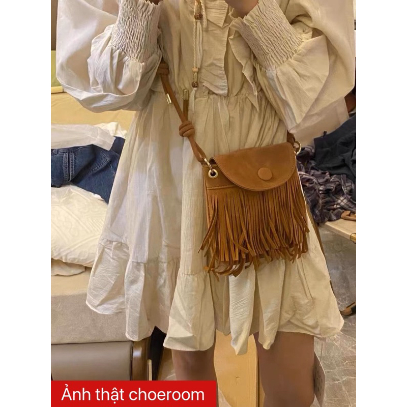 Túi tua rua da bò mini đeo chéo CÓ ẢNH THẬT phong cách bohemian thời trang du lịch ulzzang