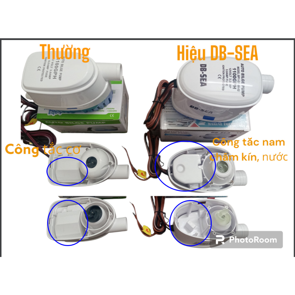 Bơm tự động 12V/24V,DB-SEA,70 lít/ phút, nước cao 4 mét, dây đồng , công tắc bằng nam châm, cho tàu thuyền xà lan