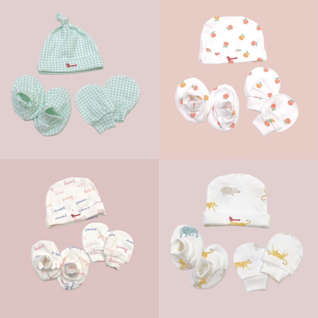 Set mũ, bao tay, tất chân cho bé sơ sinh thun cotton xuất xin - đẹp, giao màu ngẫu nhiên