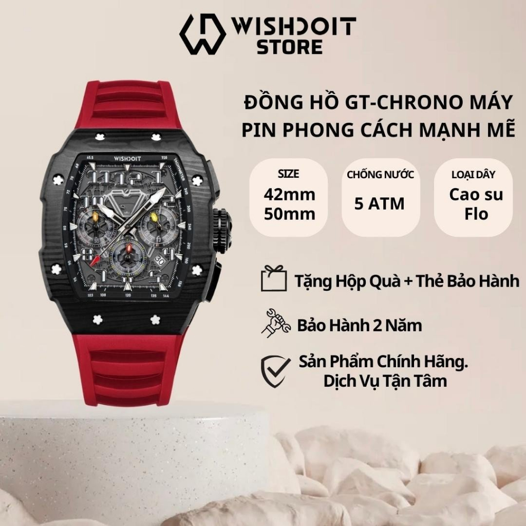 Đồng Hồ Nam WISHDOIT GT CHRONO-BLACK WATCH Chạy 6 Kim, Bấm Giờ Thể Thao (RED STRAP)