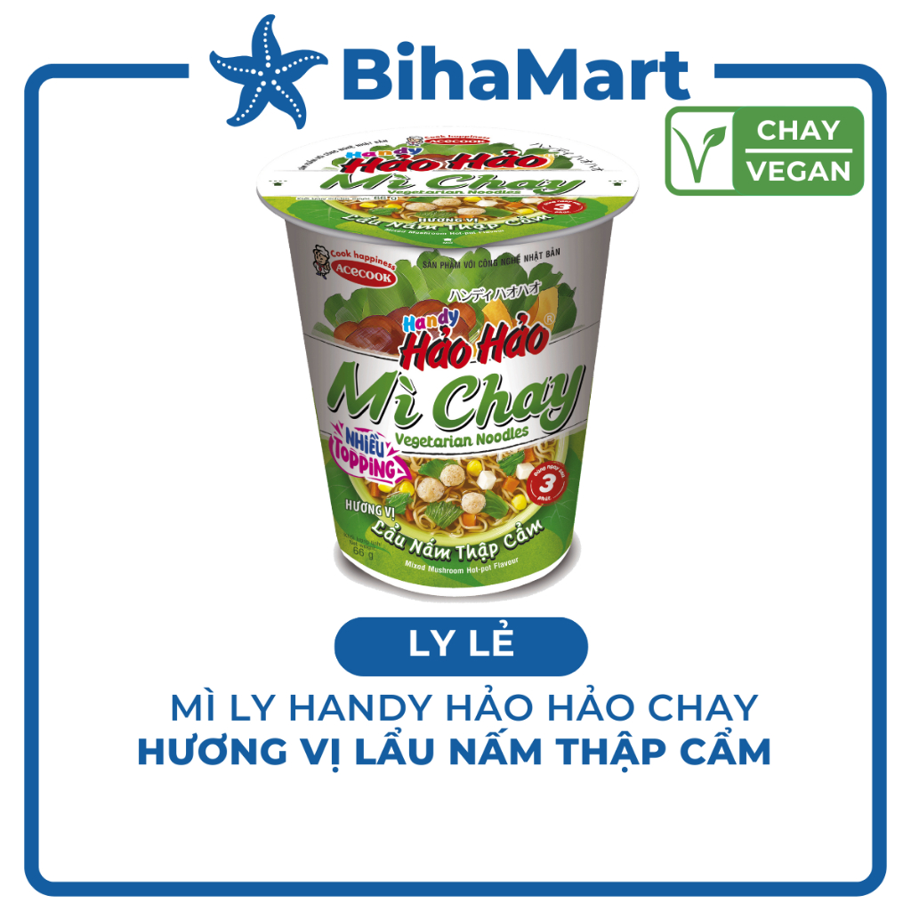 [LY LẺ] - ACECOOK - Mì ly Handy Hảo Hảo hương vị lẩu nấm thập cẩm chay - Mì chay Handy Hảo Hảo lẩu nấm thập cẩm chay