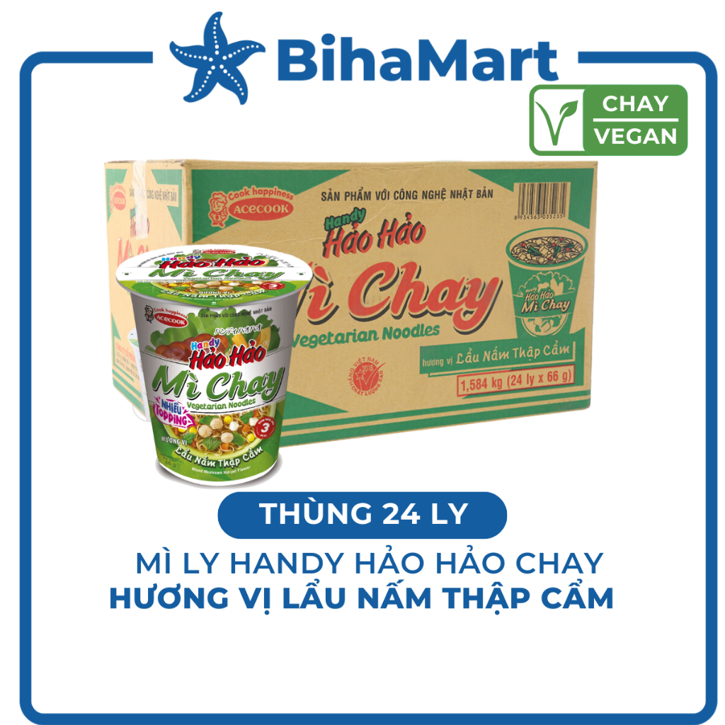 [THÙNG 24 LY] - ACECOOK - Mì ly Handy Hảo Hảo hương vị Lẩu Nấm Thập Cẩm chay - Mì chay Handy Hảo Hảo lẩu nấm