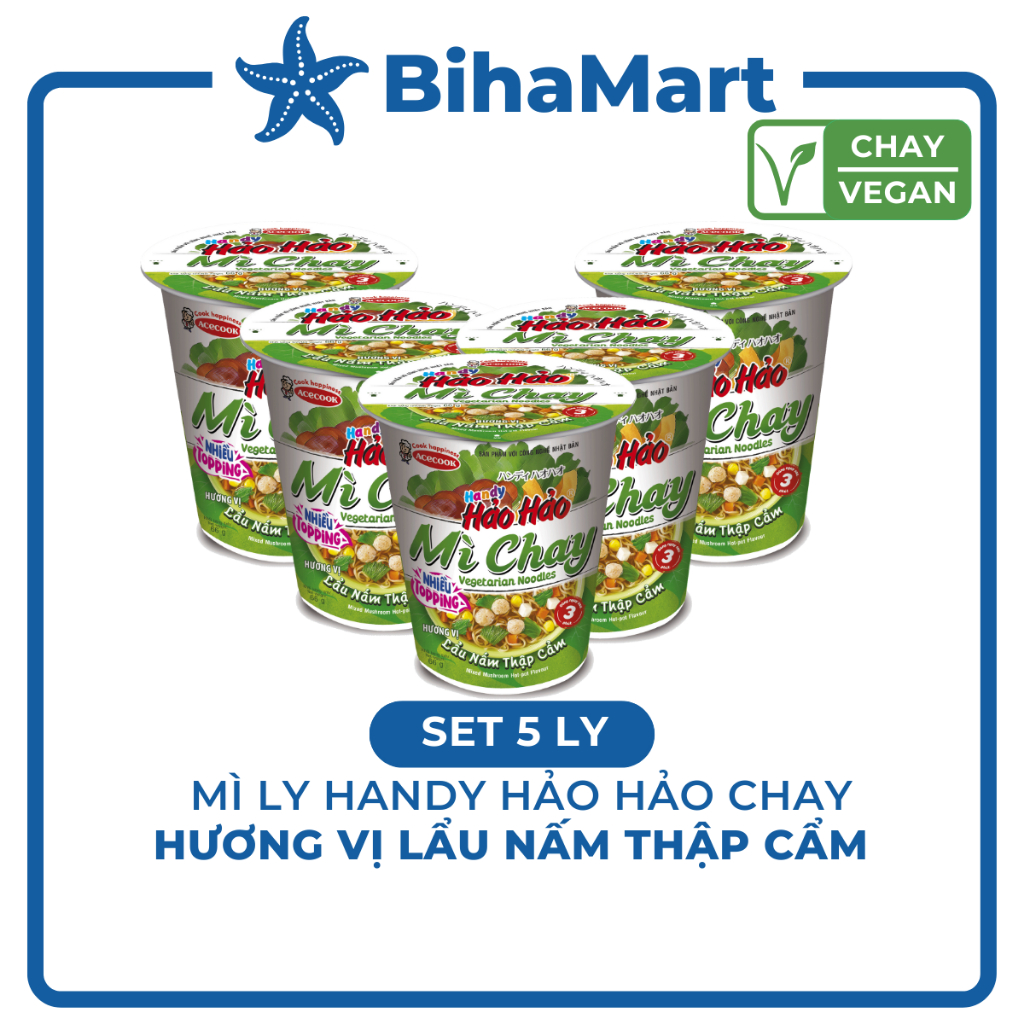 [SET 5 LY] - ACECOOK - Mì ly Handy Hảo Hảo hương vị Lẩu Nấm Thập Cẩm chay - Mì chay Handy Hảo Hảo lẩu nấm thập cẩm chay