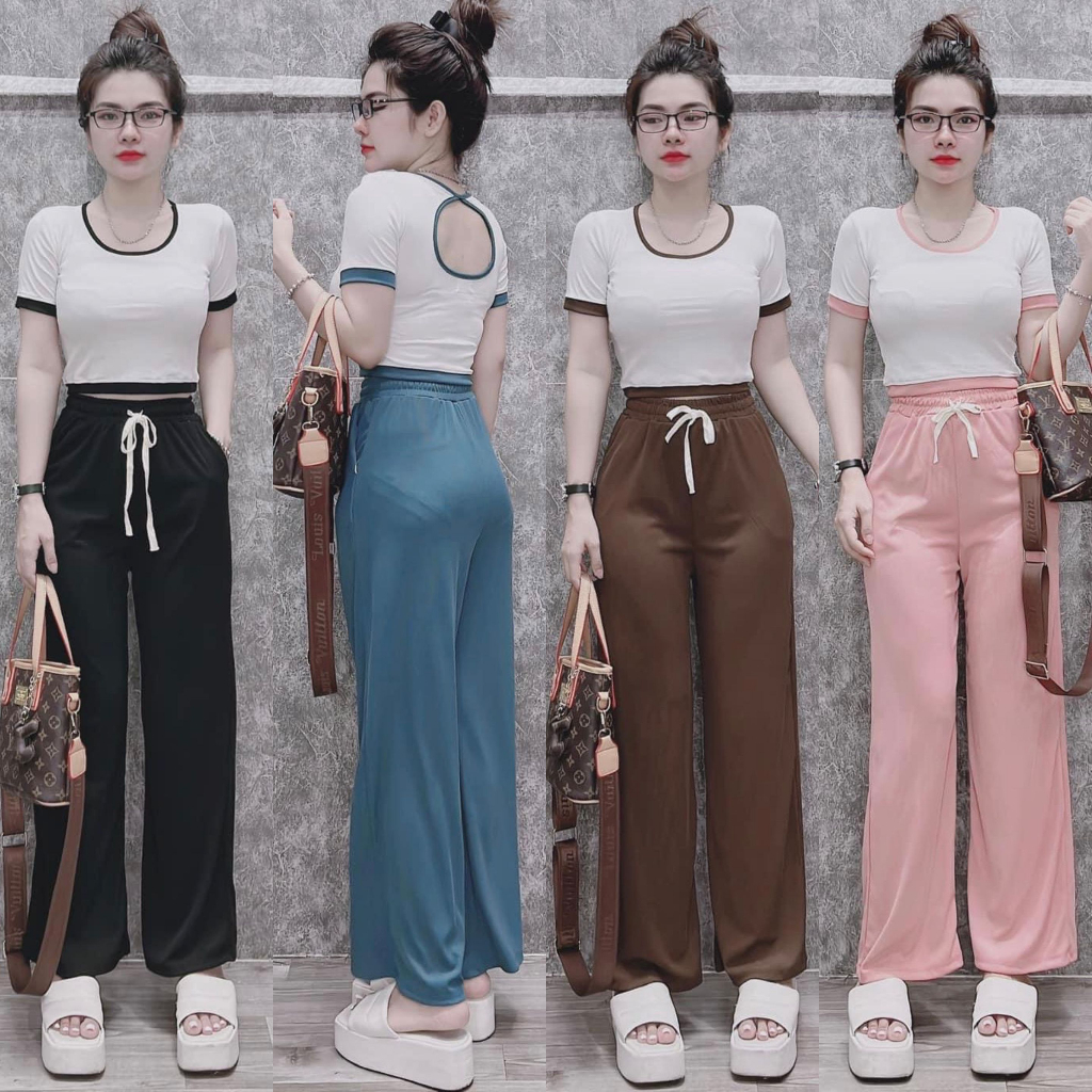 (ảnh thật)Đồ bộ nữ, set bộ thun gân quần ống rộng lưng cao có túi kèm áo croptop ôm tay ngắn khoét lưng, bộ đồ mặc ở nhà