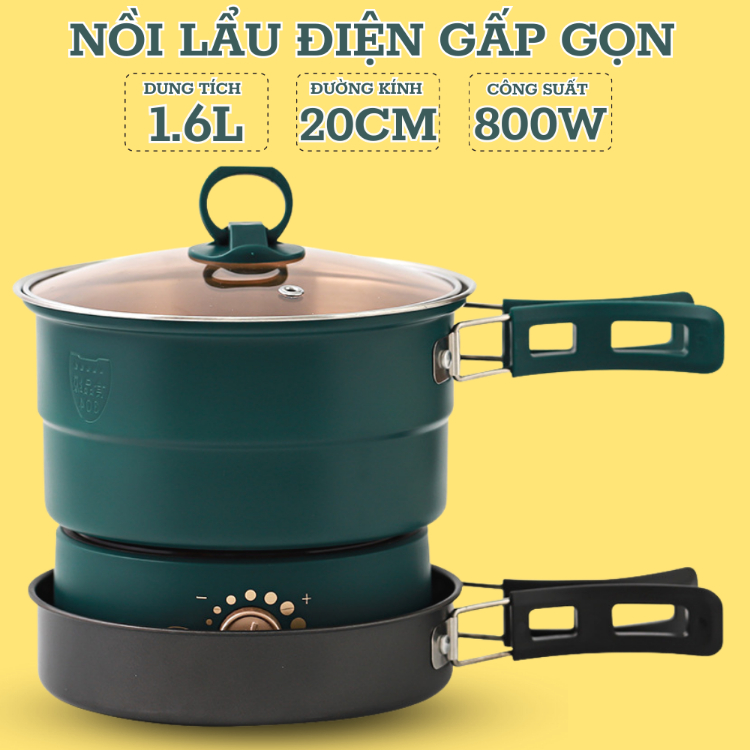 Nồi Điện Đa Năng Chống Dính Dung Tích 1.6L, Nồi Lẩu Điện Mini Kèm Xửng Hấp, Bếp Nồi Chảo Có Thể Tách Rời