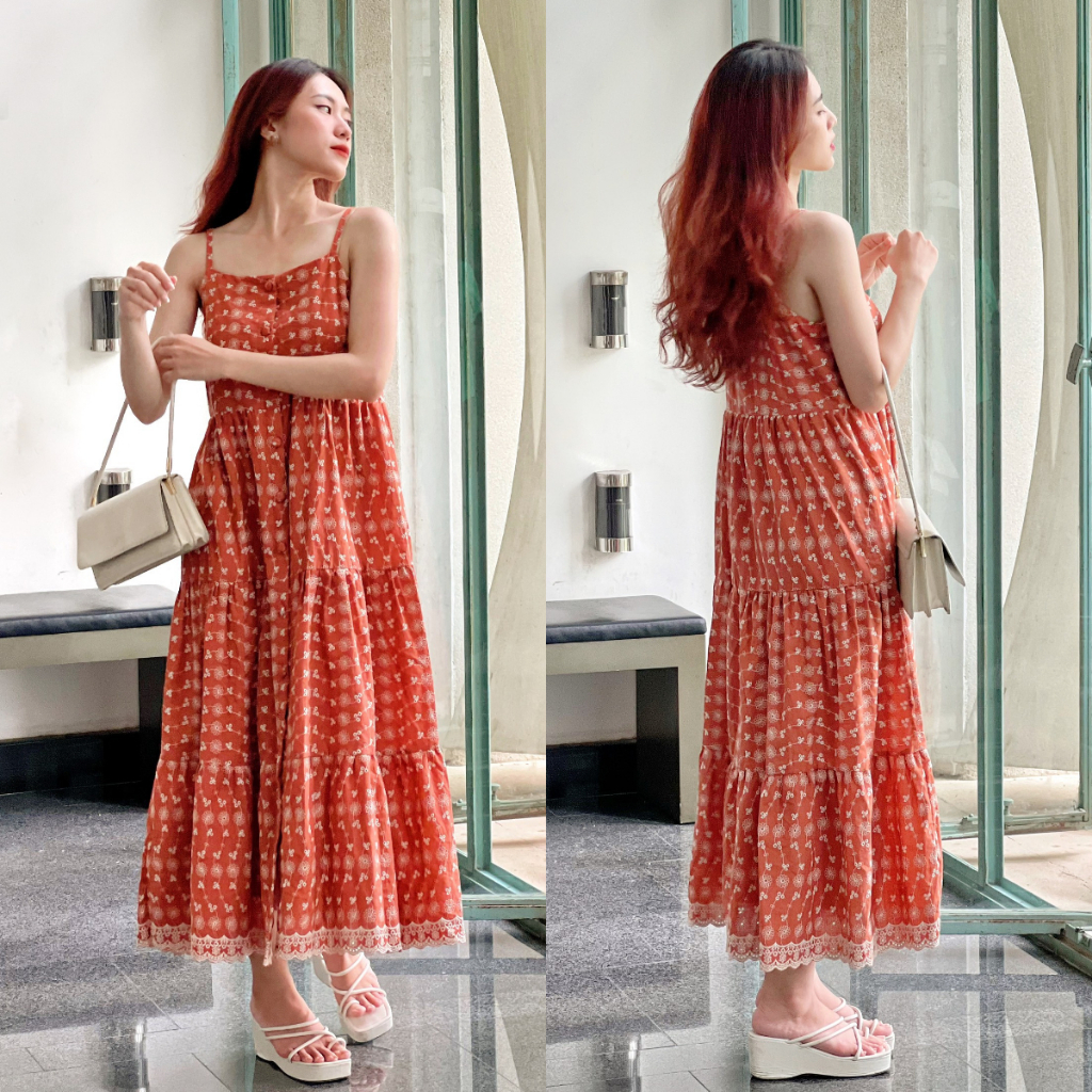 Đầm maxi hai dây hoạ tiết ren thêu Boho màu cam đất D960