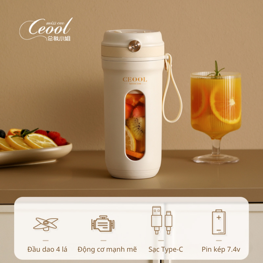Máy xay cầm tay mini Ceool - Dung tích 350ml, Xay sinh tố trong 15s - Miu Camping