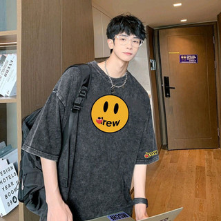 Áo thun loang Mặt cười /Áo wash xám cotton phông rộng Phong Cách unisex basis.