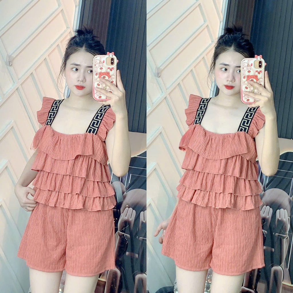 [7.7 Sales Freeship] Set bộ đùi thun xốp nhiều mặc, set bộ xốp bèo tầng 2 dây cánh tiên phối viền mix quần đùi xinh xắn