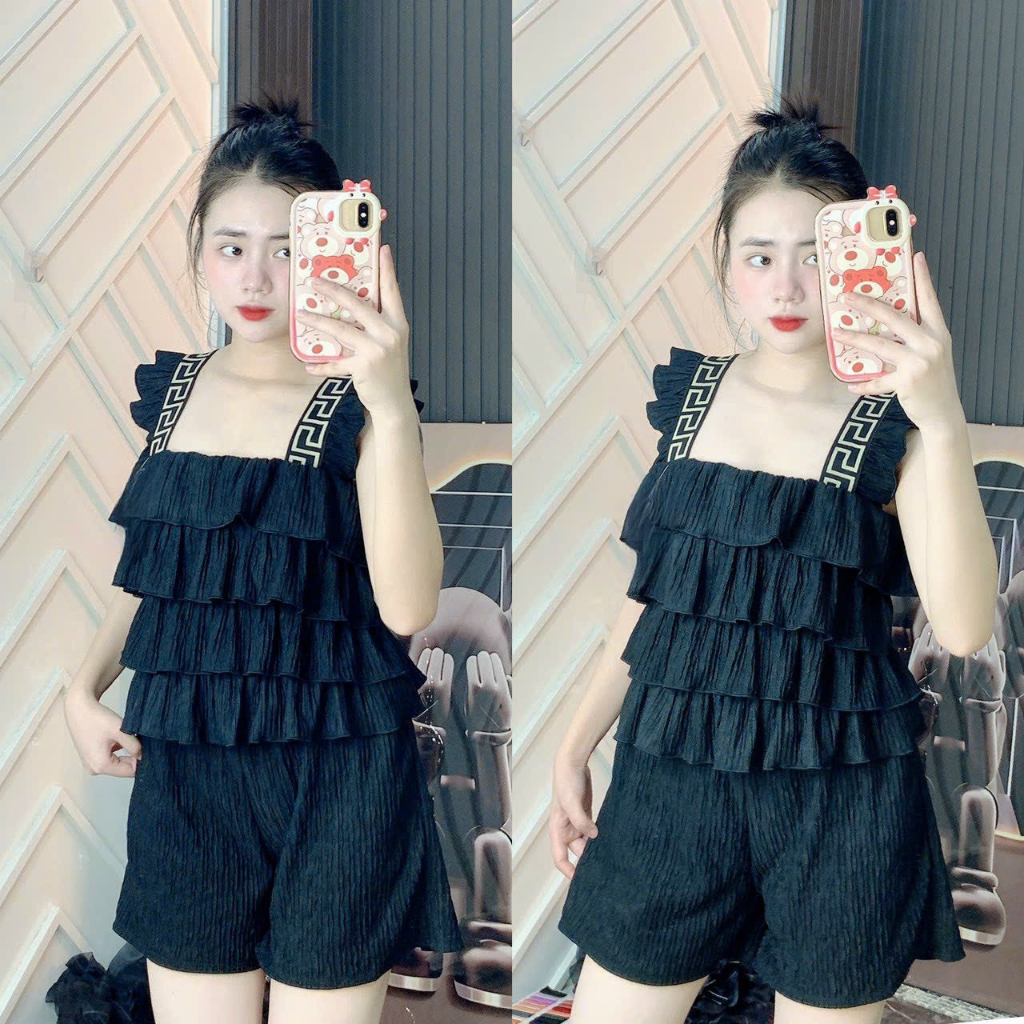 [7.7 Sales Freeship] Set bộ đùi thun xốp nhiều mặc, set bộ xốp bèo tầng 2 dây cánh tiên phối viền mix quần đùi xinh xắn