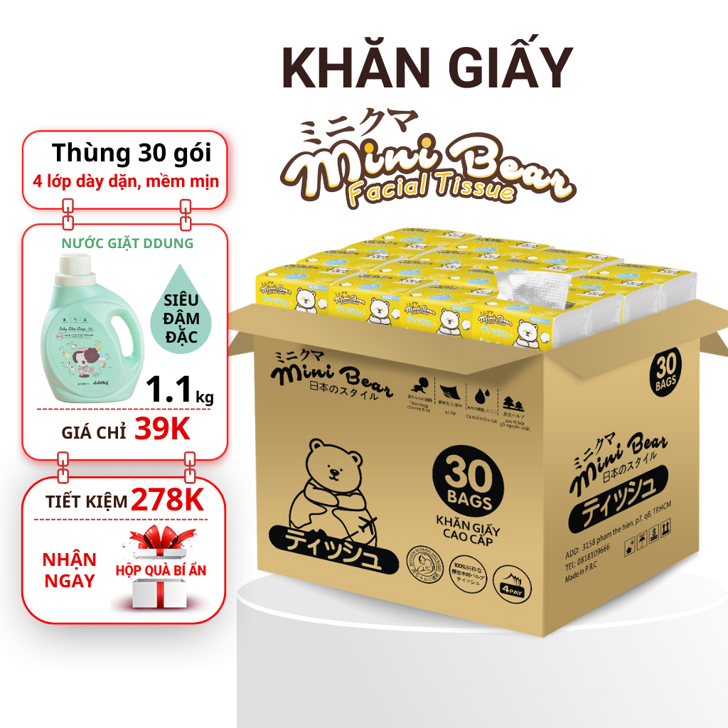 giấy ăn minibear, thùng giấy ăn rút 30 gói cao cấp