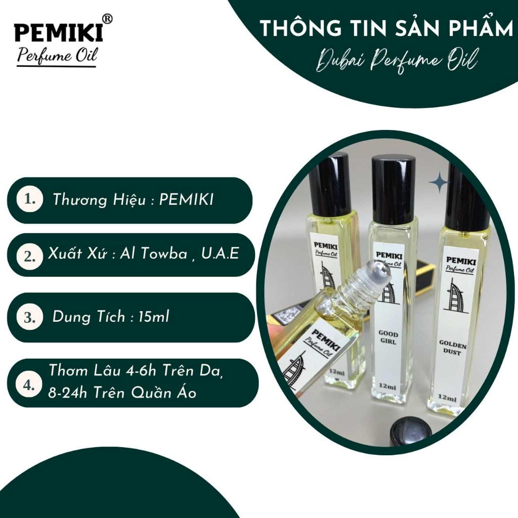 Tinh dầu nước hoa dubai PEMIKI nước hoa nam nữ dạng lăn 12ml thơm lâu 24h