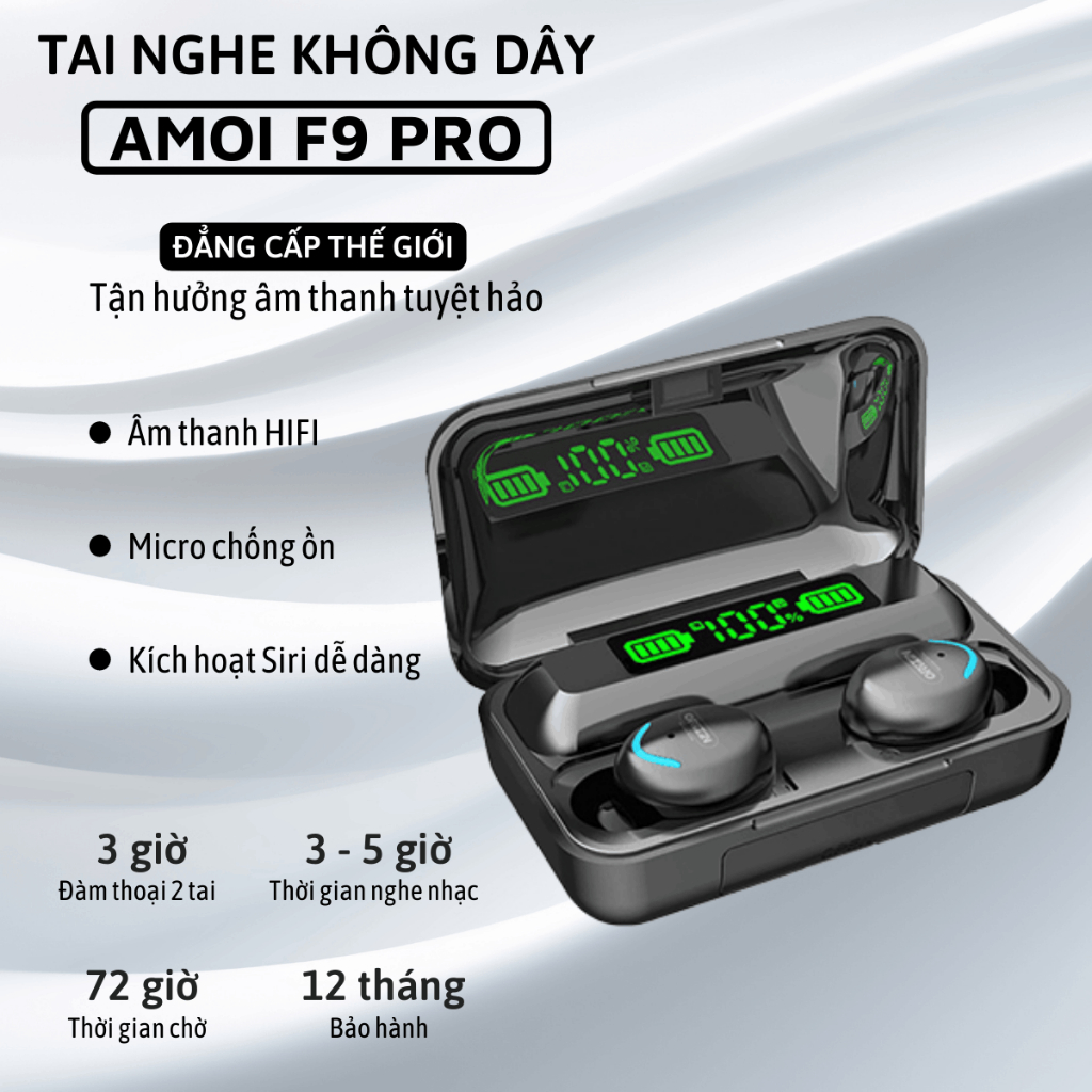 Tai Nghe F9 Pro Bluetooth 5.0 Không Dây Cảm Biến Vân Tay , Kiêm Sạc Dự Phòng Cao Cấp Nhiều Màu. Amoi F9