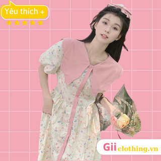 (Ảnh thật) Váy hoa nhí dáng dài viền hồng cổ bèo to phong cách đáng yêu (ORDER QCCC)