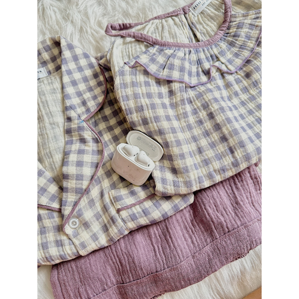 Set đồ ngủ xô muslin caro tím xinh xắn