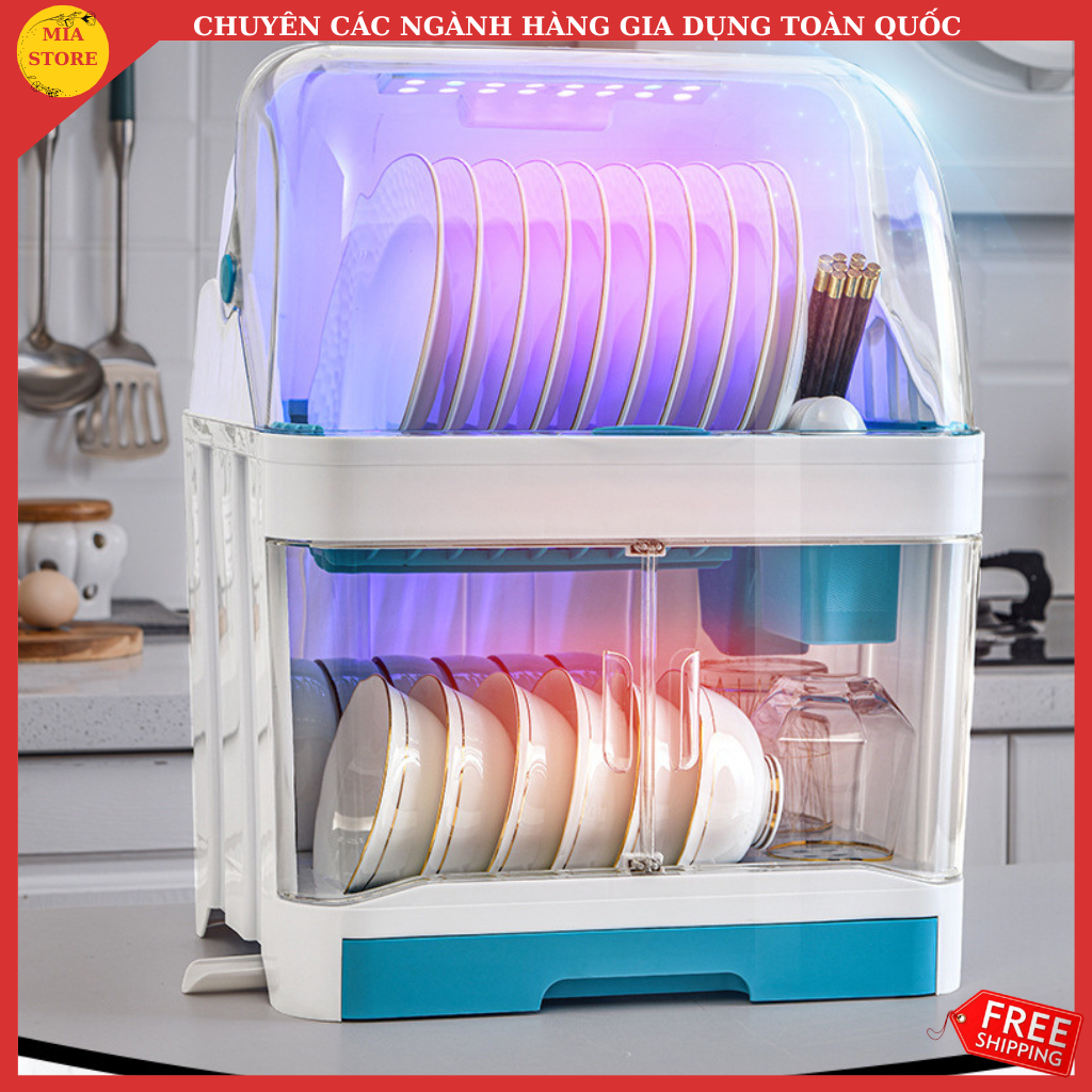 Kệ úp chén bát/ giá đựng chén dĩa nhựa thông minh đa năng nắp đậy có đèn khử khuẩn cao cấp