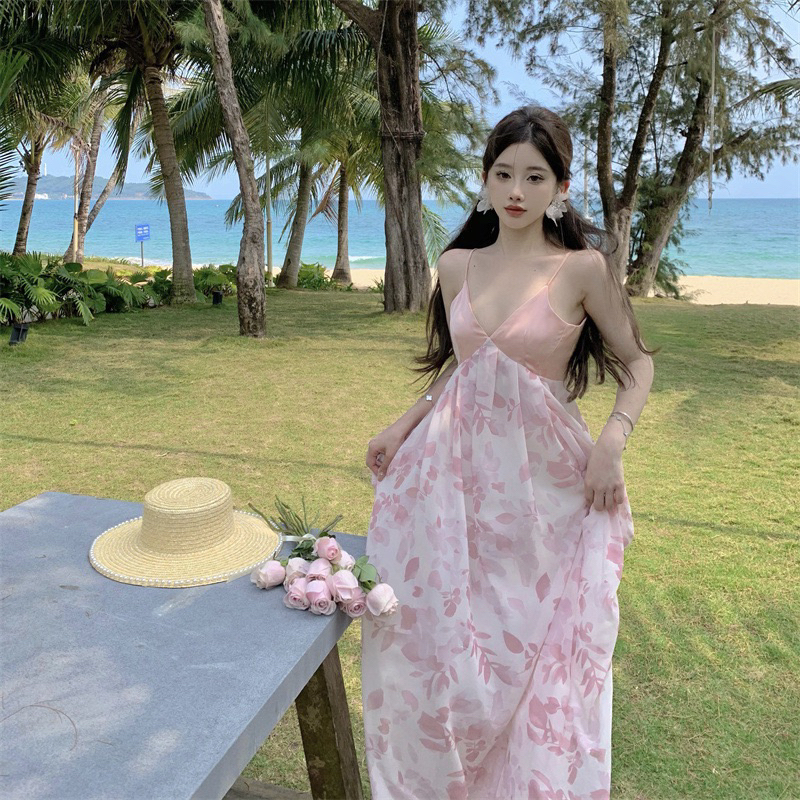 Đầm Maxi Voan 2 Dây Xẻ Ngực Dáng Phồng Bí