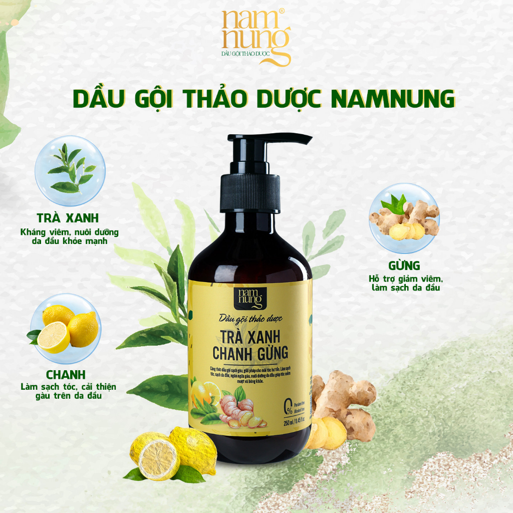 Combo 2 chai dầu gội thảo dược trà xanh chanh gừng Nam Nung, giảm nấm ngứa, giảm gàu dung tích chai 250ml