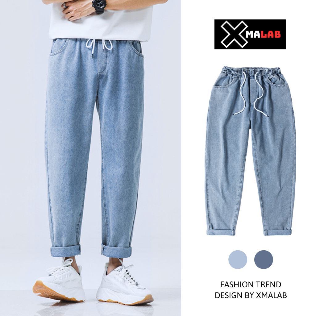 Quần jean nam ống rộng XMALAB dáng suông đứng cạp có dây buộc màu xanh cá tính, chất vải bò thời trang Hàn Quốc B040