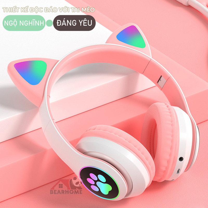 Tai Nghe Mèo Bluetooth Chụp Tai tai nghe không dây BEARHOME Headphone Có Micro Đàm Thoại, học online, Có Đèn Led