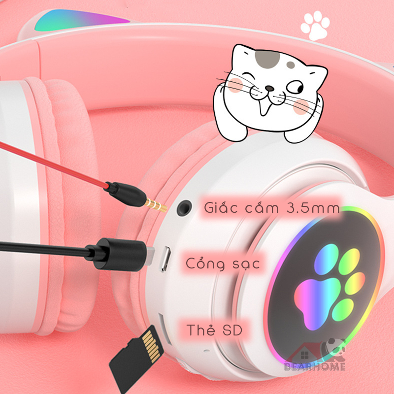 Tai Nghe Mèo Bluetooth Chụp Tai tai nghe không dây BEARHOME Headphone Có Micro Đàm Thoại, học online, Có Đèn Led