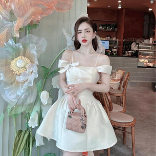 Váy nữ 2 dây thiết kế nơ ngực đầm dự tiệc dáng ngắn chất tapta sang trọng Miaclothing V191