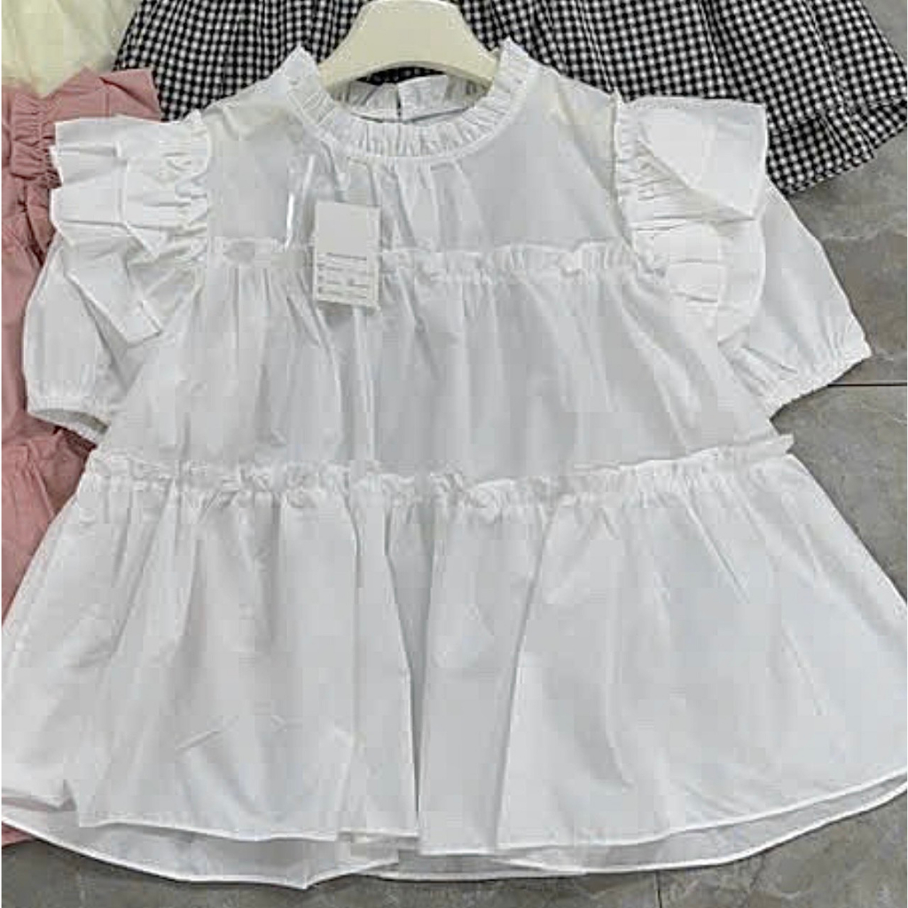 Áo Thô Viền Bèo Babydoll Dáng Lửng 2 Màu Hồng/Be