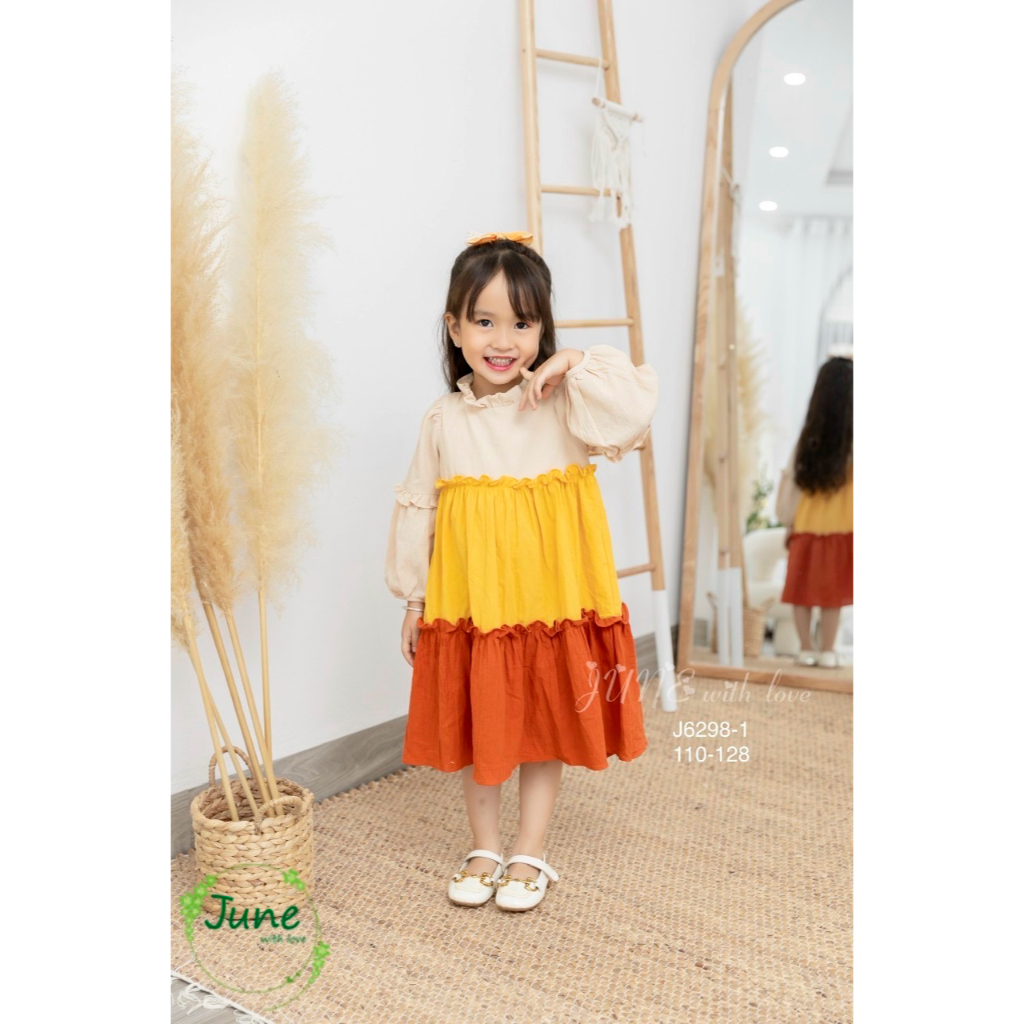 Đầm thô đũi June with love dài tay phối tầng 3 màu cổ bèo, Size 1-10Y