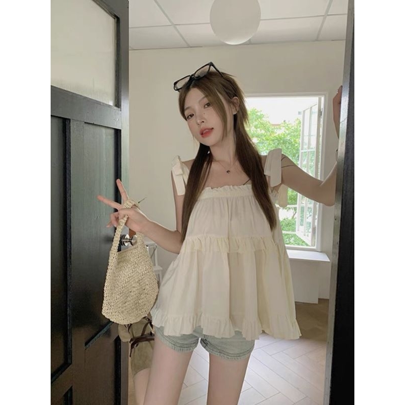 Áo 2 dây lụa thô babydoll xòe tầng buộc nơ vai tiểu thư ulzzang Hàn Quốc