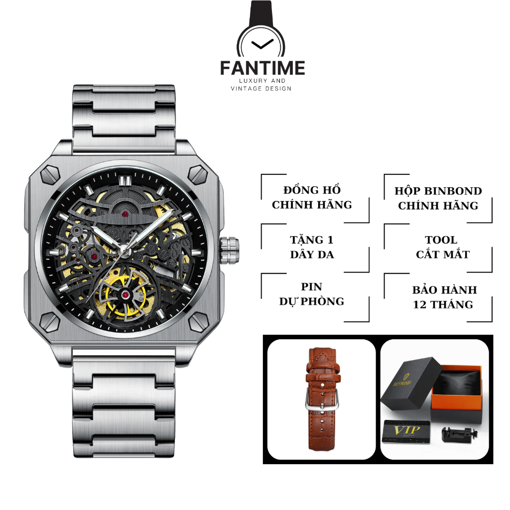 Đồng hồ nam cơ lộ đáy chính hãng BinBond 2211 viền dây thép 316L tích cót 36 tiếng mặt lộ tim chống nước BH 12T .