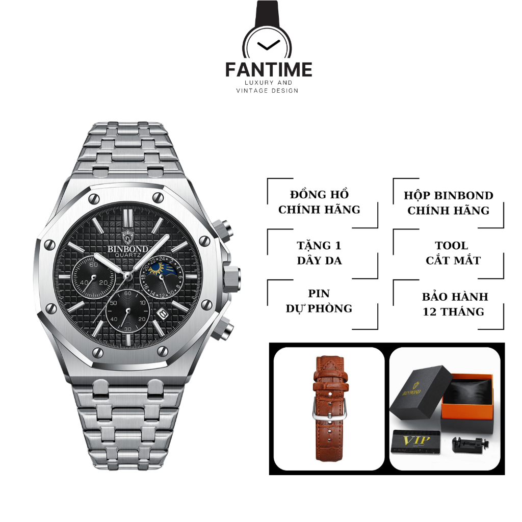 Đồng hồ nam 6 kim đồng hồ pin chính hãng Binbond 2233 mặt tròn dây thép 316L chống nước 3ATM bảo hành 12 tháng