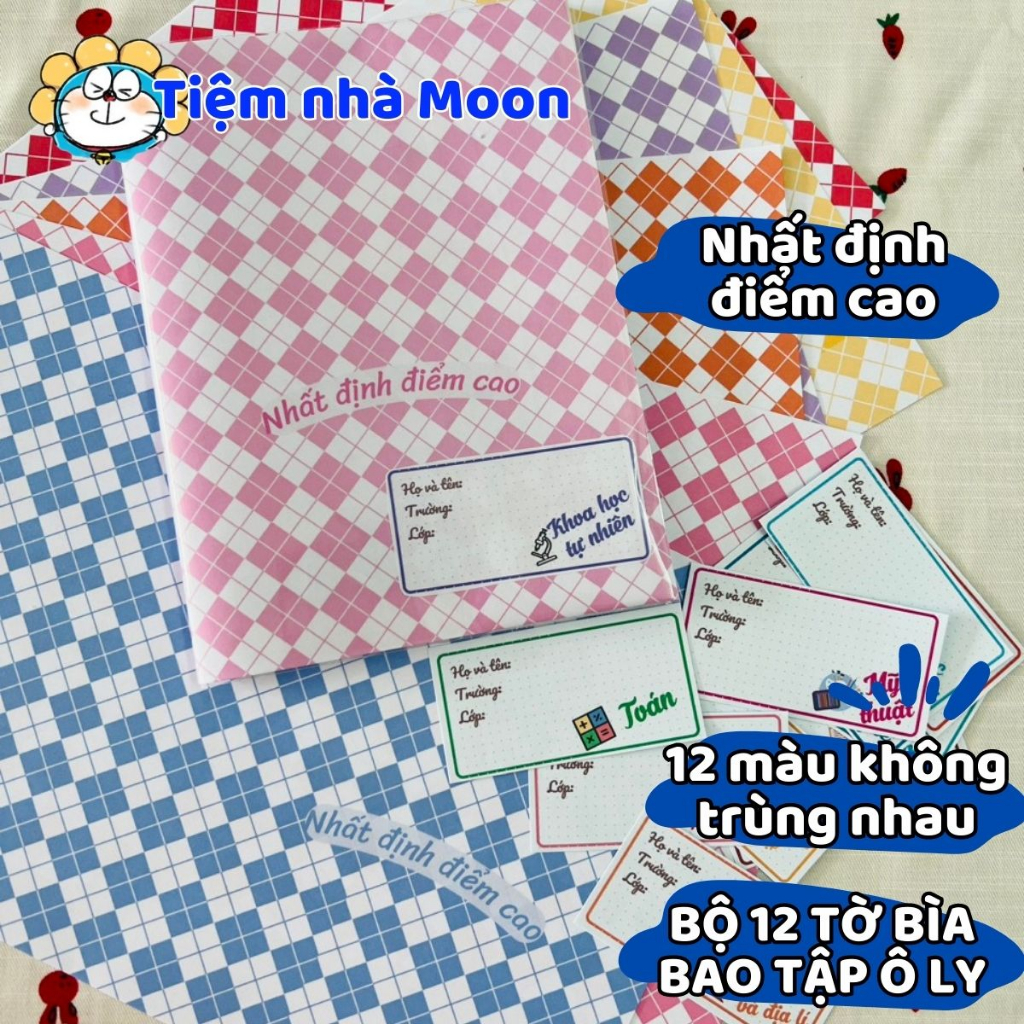 Bộ 12 tờ bao tập có sẵn giấy kiếng khổ NHỎ 16cm*21cm - Bìa bao tập quyết tâm - Bao tập A5 - BÌA BAO TẬP CUTE