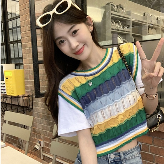 SKD áo thun sọc nữ,áo cute,cầu vồng áo thun sọc ngang nữ,áo thun dệt kim,áo hè，áo phông hàn quốc，áo lửng nữ