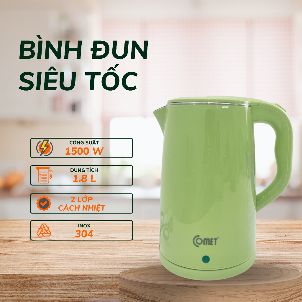 Bình đun siêu tốc 2 lớp cách nhiệt 1.8L COMET CM8218, chế độ ngắt điện tự động, an toàn sử dụng